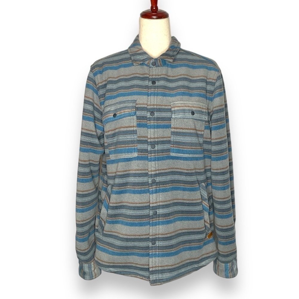 Voyager Grey & Blue Stripe Fleece Shearling Snap Down Shacket Size Small